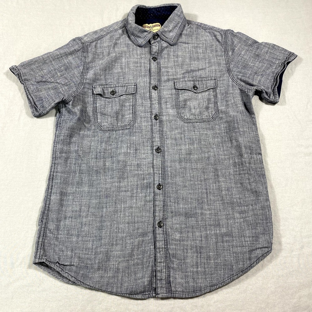 Hudson & Barrow Shirt Adult Medium Blue Short Sleeve Button Up Casual Mens